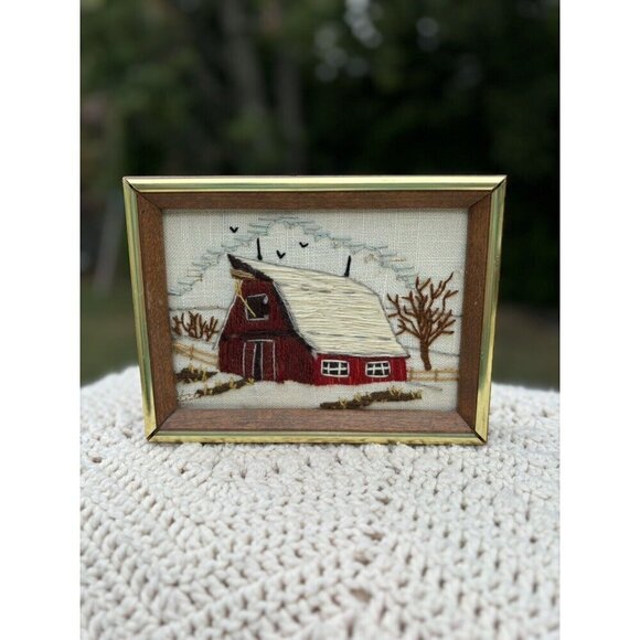 Unbranded Other - Vintage Needlepoint Cross Stitch Red Barn Farm Crossstitch Crewel - finished